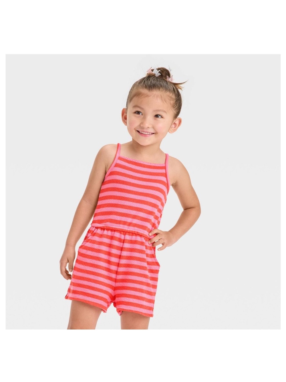 Girls' Pink & Coral Striped Knit Romper